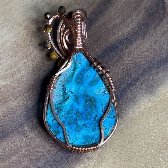 Artisan handmade Chrysocolla Malachite pendant wire wrap necklace malacholla tig - Picture 4 of 6